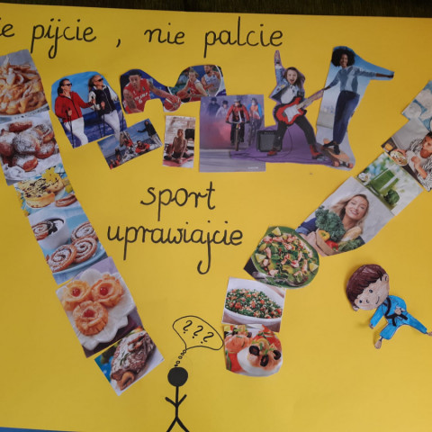 Powiększ obraz: Plakat wykonany przez dzieci a promujący zdrowy tryb życia czyli uprawianie sporu, zdrowe odżywianie